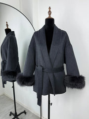 Women Fur Woolen Coat | Short Coat | Elegant Double-Sided Wool Overcoat | Cardigan Jacket | Long Wrap Coat