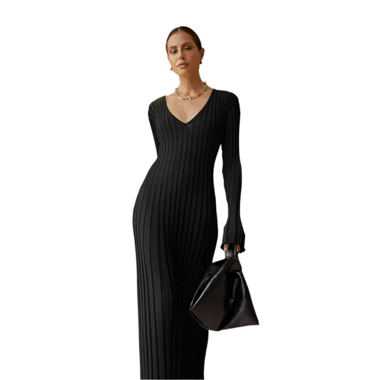 Women Knit Dress | Winter Pleated Maxi Dress | Long Sleeve V Neck Casual Knitted Dress
