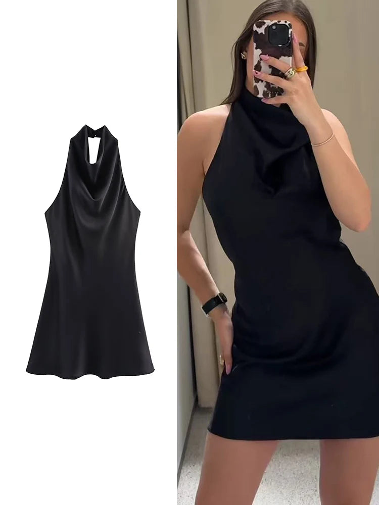 Women Satin Backless Halter Dress | Summer | Short Party Dress | Sleev Paris Republica Women Satin Backless Halter Dress | Summer | Short Party Dress | Sleev Paris Republica