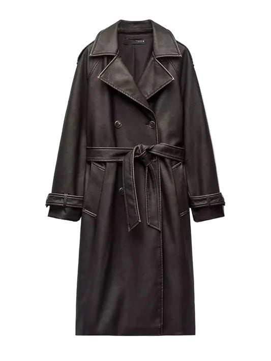 Women Vintage Leather Long Coat | Double Breasted | Winter Long Coat