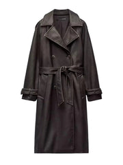 Women Vintage Leather Long Coat | Double Breasted | Winter Long Coat