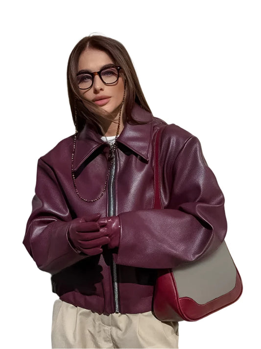 Women Burgundy Leather Zipper Jacket
