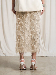Women Sequin Fringe Maxi Skirt | Midi Mesh Pencil Skirt