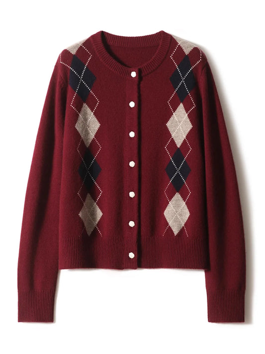 Women Argyle Cashmere Knitted Cardigan | Diamond Check Sweater | Wool