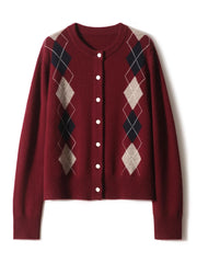 Women Argyle Cashmere Knitted Cardigan | Diamond Check Sweater | Wool