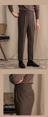 Men Vintage Wool Herringbone Pattern Pants | Casual | British | Warm | High Waist | Straight Pants