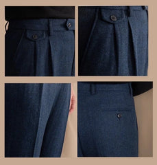 Men High-Waisted Woolen Pants | Herringbone | Italian Vintage Pants | Suit Pants |  Warm | Straight Fit