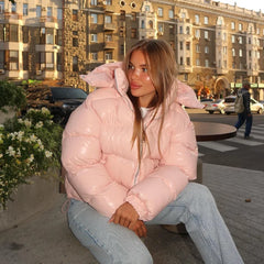 Women Glossy Zipper Hooded Jacket | Windbreaker | Pleated | Short Jacket | Cotton