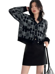 Women Knitted Plaid Cardigan | Knitted V-Neck Sweater