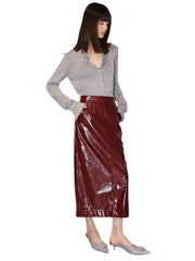 Women Shiny Reflective Leather Midi Skirt | High Waist Pencil Skirt