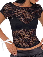 Women Lace Backless Top | See-Through Slim Fit Crop Top | Vintage Short Sleeve Lace Blouse