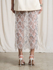 Women Sequin Fringe Maxi Skirt | Midi Mesh Pencil Skirt