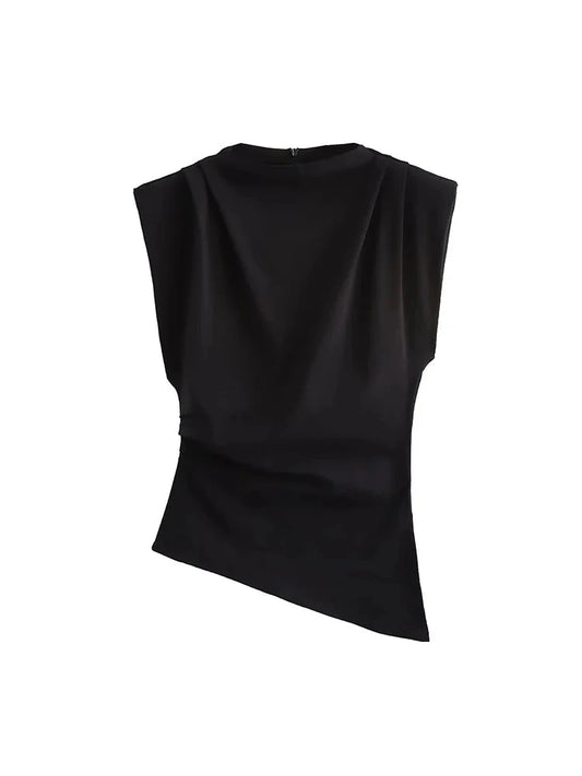 Women Asymmetric Sleeveless Cross Folds Top | Padded Shoulder Top