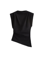 Women Asymmetric Sleeveless Cross Folds Top | Padded Shoulder Top