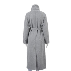 Women Long Cotton Coat | Stand Collar | Single Breasted Coat With Belt