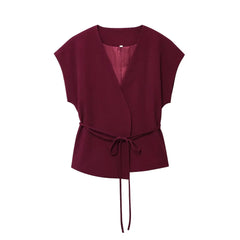 Women Sleeveless V-Neck Top With Belt Straight Pants Set | Top Trouser Suit | 2 Piece Set