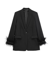 Women Satin Black With Feather Blazer Jacket | Vintage | Notched Neck