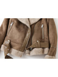 Brown Jacket For Women Vintage Fur Lapel Long Sleeves Chic