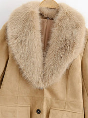 Women Suede Fur Collar Coat | Long Sleeve | V-Neck | Warm | Slim Fit Jacket | Winter | Party | Streetwear