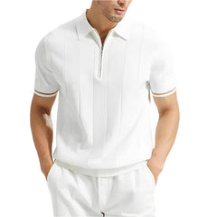 Men Summer Lapel Zipper Polo Top | Business Casual | Vertical Lines Solid Color Polo