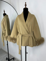 Women Fur Woolen Coat | Short Coat | Elegant Double-Sided Wool Overcoat | Cardigan Jacket | Long Wrap Coat