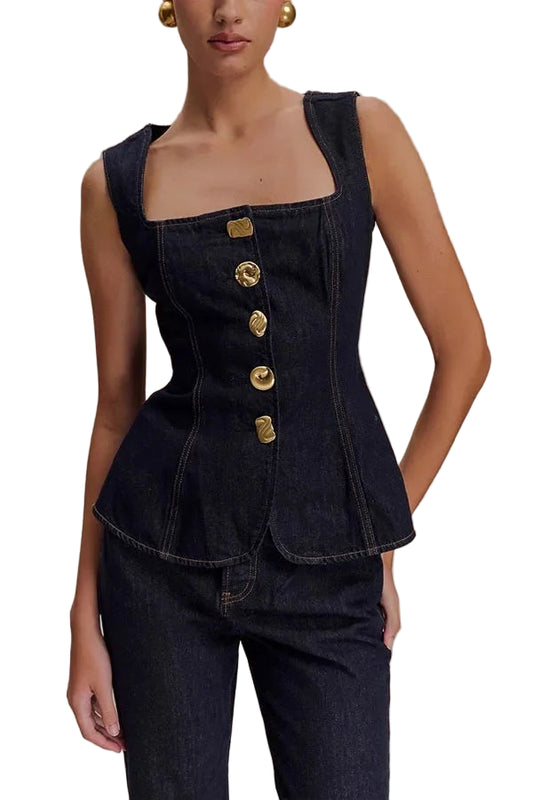 Women Summer Denim High Waist Button Down Top | Vest | Denim Pants | Set