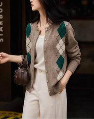 Women Argyle Cashmere Knitted Cardigan | Diamond Check Sweater | Wool
