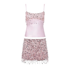 Women Pink Summer Tassel Top With Mini Skirt Set | Sequin Crop Top | Backless