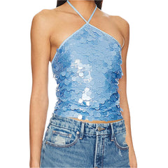 Women Sequin Halter Top | Tank Top | Glitter Tie-Up Vest | Backless Cami Top | Party