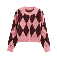 Women Argyle Cardigan | Casual | Knitted | Elegant Sweater | Long Sleeve | Knitwear