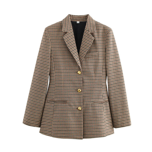 Women Houndstooth Blazer | Vintage Brown Plaid Blazer | Office
