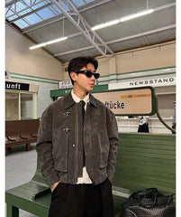 Men Suede Jacket | Loose Collar | Airplane Buckle