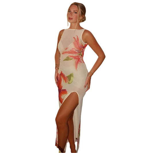 Women Summer Floral Sheer Dress | See-Through | Sleeveless | Beach Cover Up | Beach Dress