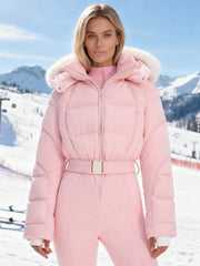 Women Pink Ski Wear Jumpsuit | Long Sleeve | Hoodie | Wide Leg Jumpsuit | Winter | Thick | Warm