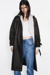 Women Vintage Leather Long Coat | Double Breasted | Winter Long Coat