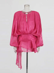 Women Flowy Mini Dress | V Neck | Long Sleeve | Spliced | Lace Up | Blouse Dress