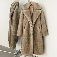 Women Long Fur Coat | Long Jacket | European Style | Lapel Fur Coat | Loose | Winter Coat | Long Coat