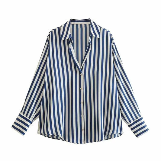 Women Satin V-Neck Blouse | Loose Button Down Top Long Sleeve | Casual Office Work Shirt