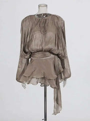 Women Flowy Mini Dress | V Neck | Long Sleeve | Spliced | Lace Up | Blouse Dress
