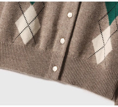Women Argyle Cashmere Knitted Cardigan | Diamond Check Sweater | Wool