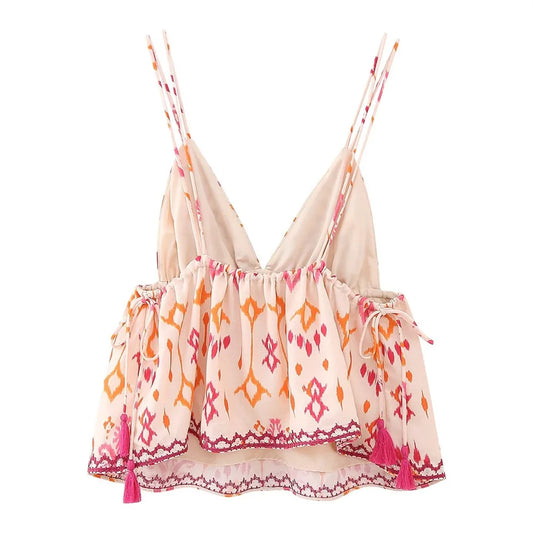 Women Summer V-Neck Sleeveless Embroidery Beaded Print Short Top | Boho Cami Crop Top