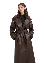 Women Extra Long Leather Trench Coat | Luxury Chic Overcoat | Autumn
