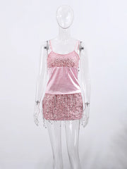 Women Pink Summer Tassel Top With Mini Skirt Set | Sequin Crop Top | Backless