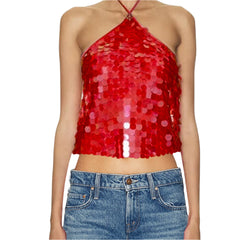 Women Sequin Halter Top | Tank Top | Glitter Tie-Up Vest | Backless Cami Top | Party