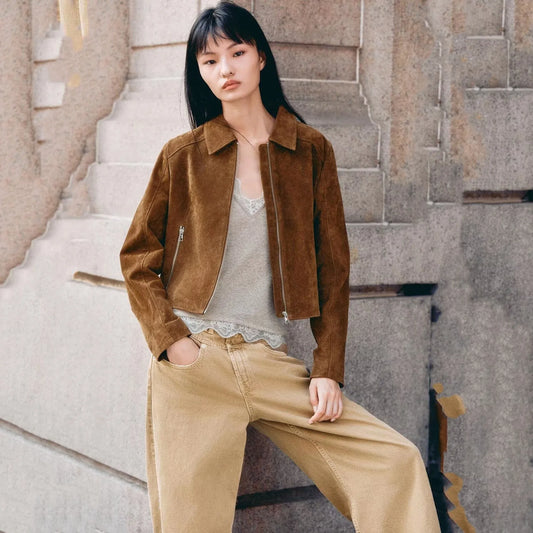 Women Short Suede Jacket | Long Sleeve | Fall | Casual Vintage Jacket