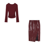 Women Burgundy Two-Piece Suit | Long Sleeve T-Shirt and High Waist Leather Skirt