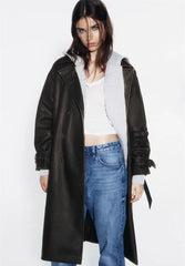 Women Vintage Leather Long Coat | Double Breasted | Winter Long Coat
