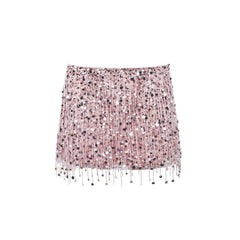 Women Pink Summer Tassel Top With Mini Skirt Set | Sequin Crop Top | Backless