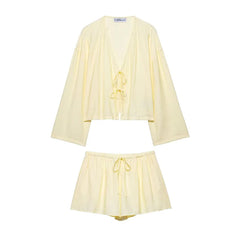 Women Crinkle Effect Top and Short Set | 2 Piece | Casual V Neck Lace Up | Kimono Top | Shorts With Drawstring