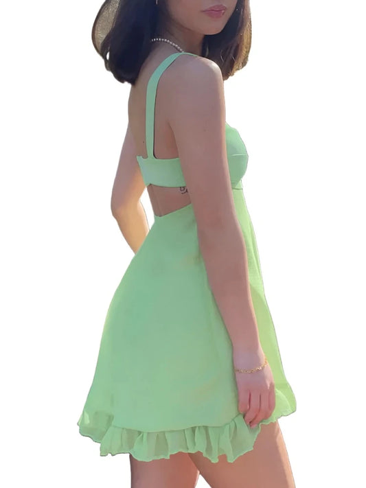 Women Mint Green Mini Sling Dress | Cutout Backless Ruffle Dress